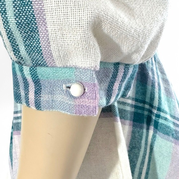 80s Teal & Lilac Plaid Wool Dress | Puff Sleeve Cottagecore Pastel Aesthetic | S - Picture 5 of 8